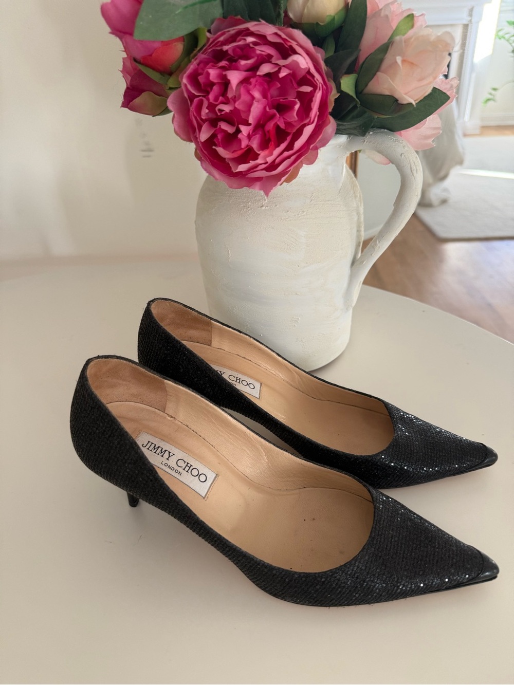 Jimmy Choo Black Glitter Pointed-Toe Kitten Heels